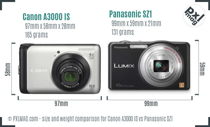 Canon A3000 IS vs Panasonic SZ1 size comparison