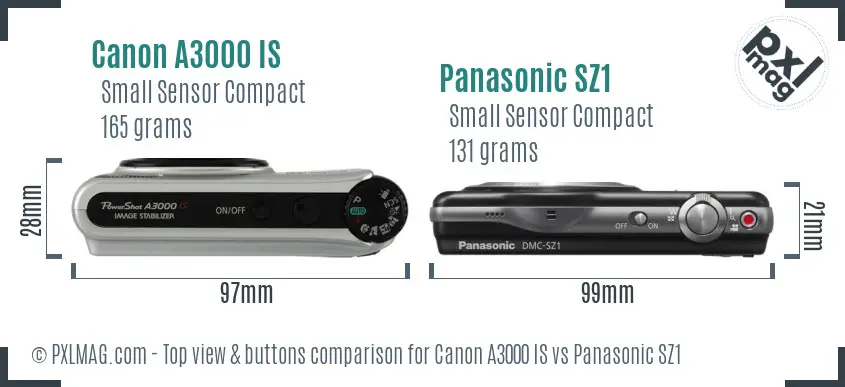 Canon A3000 IS vs Panasonic SZ1 top view buttons comparison