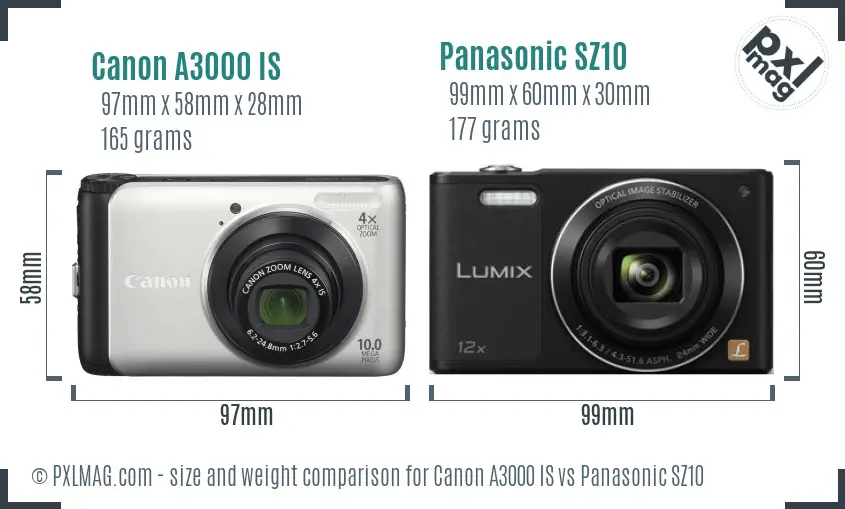 Canon A3000 IS vs Panasonic SZ10 size comparison