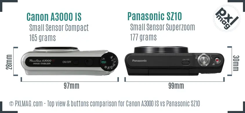 Canon A3000 IS vs Panasonic SZ10 top view buttons comparison