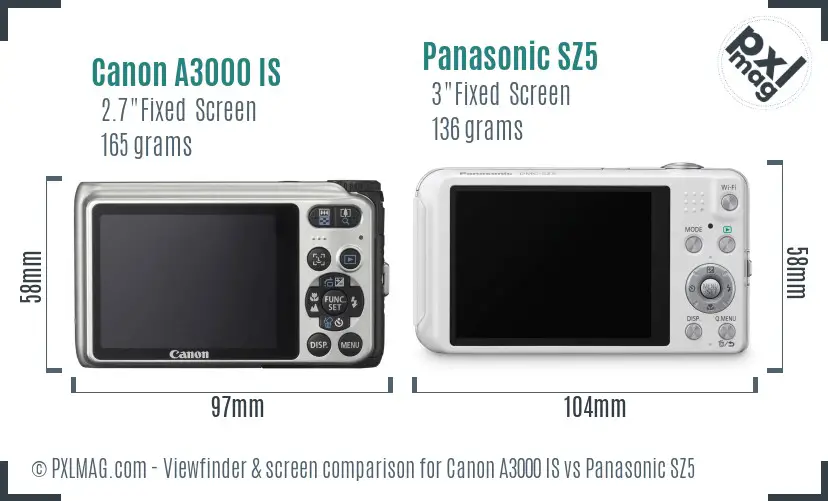 Canon A3000 IS vs Panasonic SZ5 Screen and Viewfinder comparison