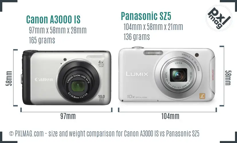 Canon A3000 IS vs Panasonic SZ5 size comparison