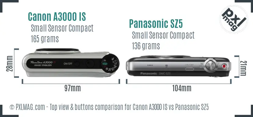 Canon A3000 IS vs Panasonic SZ5 top view buttons comparison