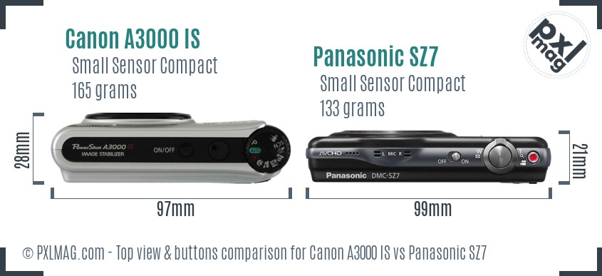 Canon A3000 IS vs Panasonic SZ7 top view buttons comparison