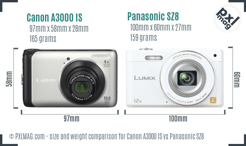 Canon A3000 IS vs Panasonic SZ8 size comparison Canon A3000 IS vs Panasonic SZ8 size comparison