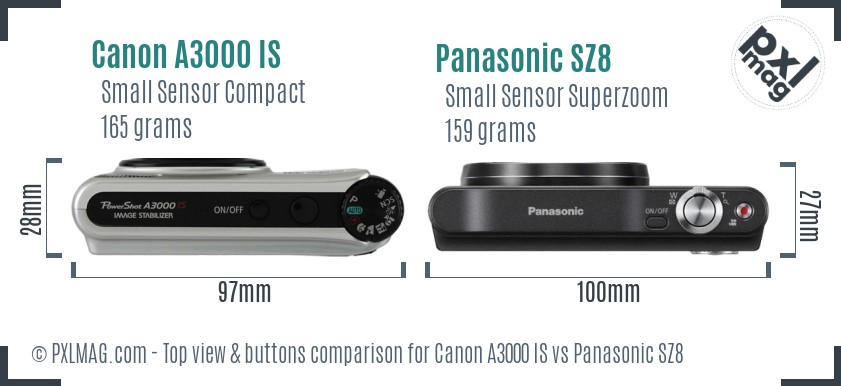 Canon A3000 IS vs Panasonic SZ8 top view buttons comparison