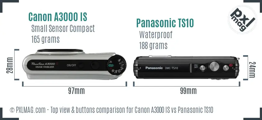 Canon A3000 IS vs Panasonic TS10 top view buttons comparison