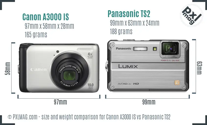 Canon A3000 IS vs Panasonic TS2 size comparison Canon A3000 IS vs Panasonic TS2 size comparison
