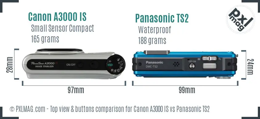 Canon A3000 IS vs Panasonic TS2 top view buttons comparison Canon A3000 IS vs Panasonic TS2 top view buttons comparison