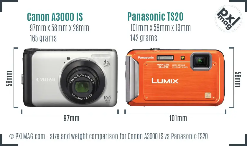 Canon A3000 IS vs Panasonic TS20 size comparison