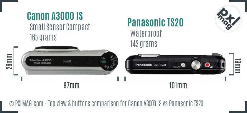 Canon A3000 IS vs Panasonic TS20 top view buttons comparison