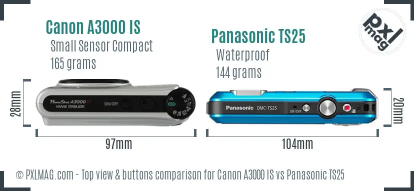 Canon A3000 IS vs Panasonic TS25 top view buttons comparison