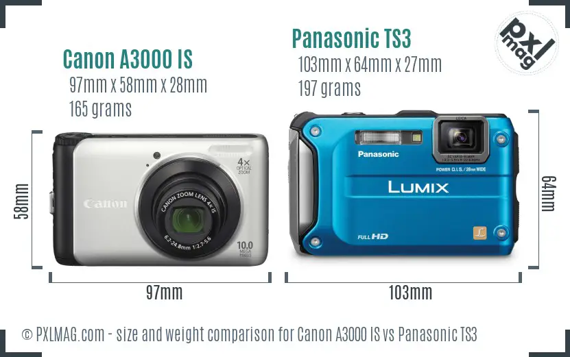 Canon A3000 IS vs Panasonic TS3 size comparison Canon A3000 IS vs Panasonic TS3 size comparison