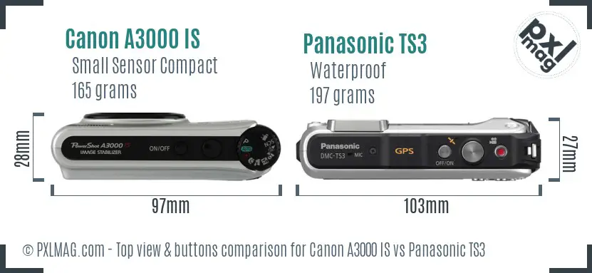 Canon A3000 IS vs Panasonic TS3 top view buttons comparison Canon A3000 IS vs Panasonic TS3 top view buttons comparison