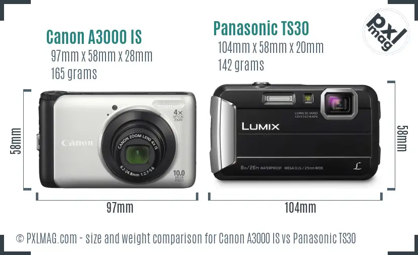 Canon A3000 IS vs Panasonic TS30 size comparison