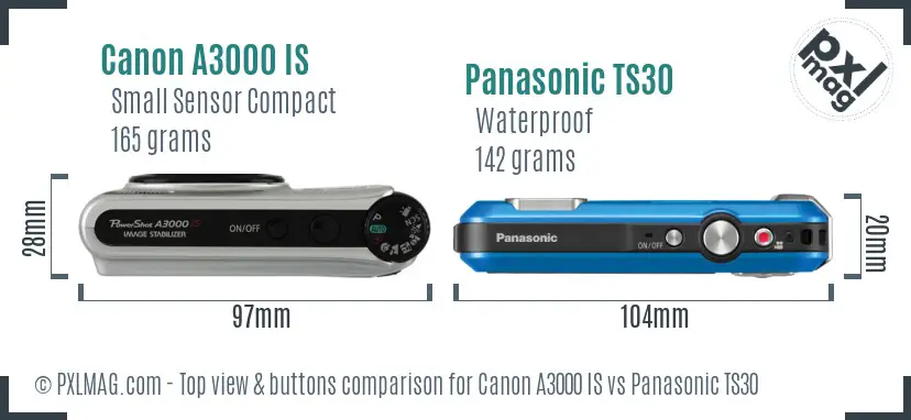 Canon A3000 IS vs Panasonic TS30 top view buttons comparison