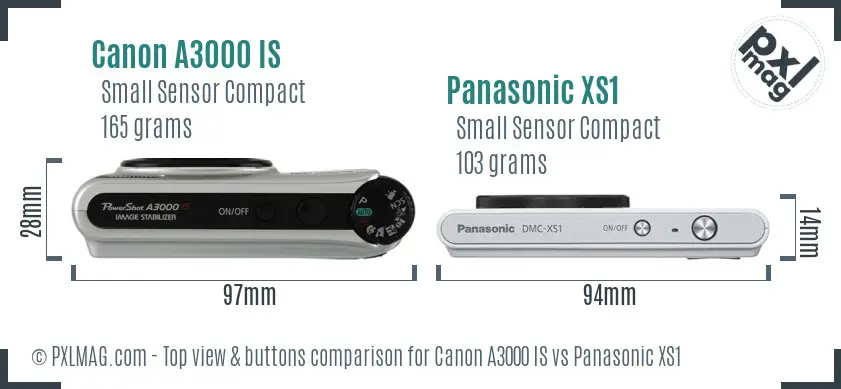 Canon A3000 IS vs Panasonic XS1 top view buttons comparison Canon A3000 IS vs Panasonic XS1 top view buttons comparison