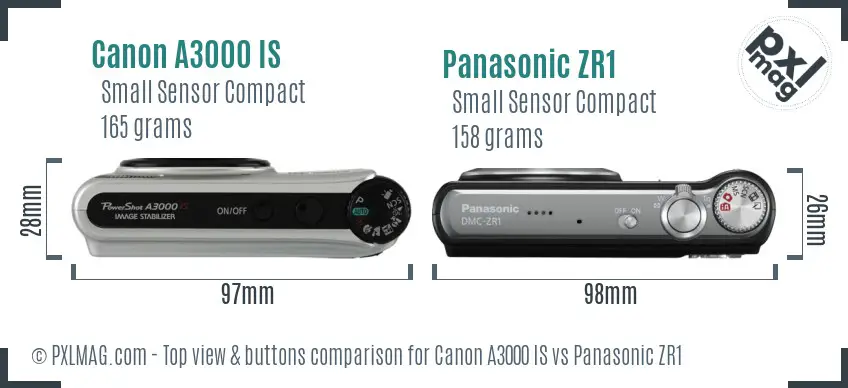 Canon A3000 IS vs Panasonic ZR1 top view buttons comparison Canon A3000 IS vs Panasonic ZR1 top view buttons comparison