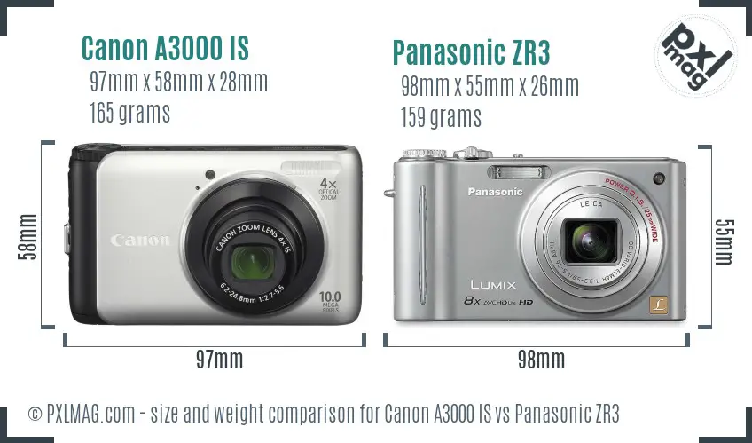 Canon A3000 IS vs Panasonic ZR3 size comparison