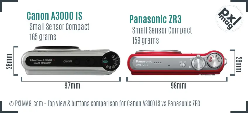 Canon A3000 IS vs Panasonic ZR3 top view buttons comparison