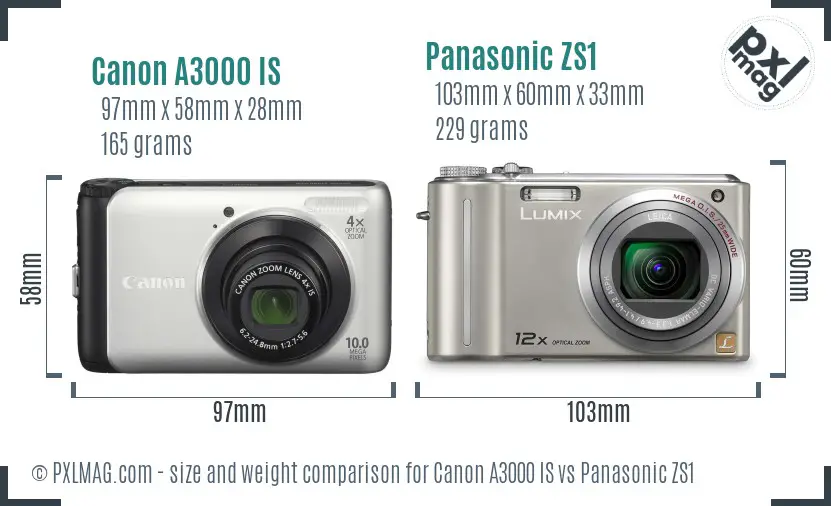 Canon A3000 IS vs Panasonic ZS1 size comparison