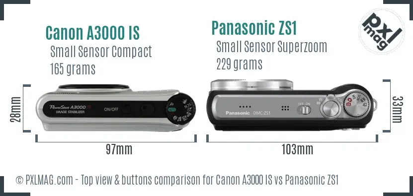 Canon A3000 IS vs Panasonic ZS1 top view buttons comparison