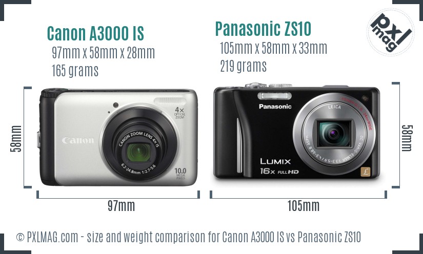 Canon A3000 IS vs Panasonic ZS10 size comparison