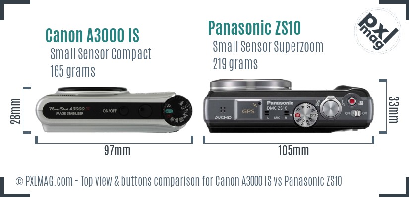 Canon A3000 IS vs Panasonic ZS10 top view buttons comparison