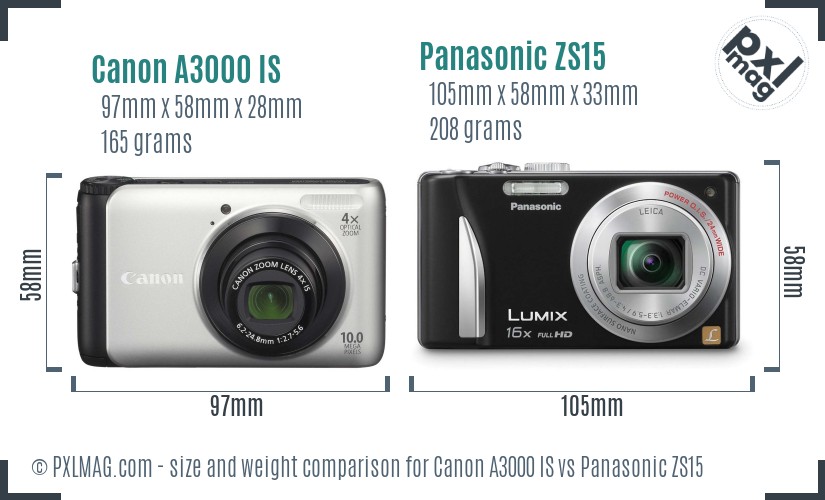 Canon A3000 IS vs Panasonic ZS15 size comparison Canon A3000 IS vs Panasonic ZS15 size comparison