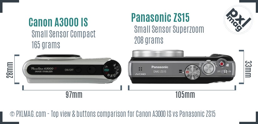 Canon A3000 IS vs Panasonic ZS15 top view buttons comparison