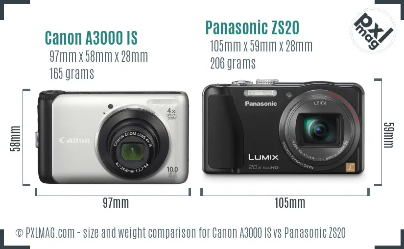 Canon A3000 IS vs Panasonic ZS20 size comparison