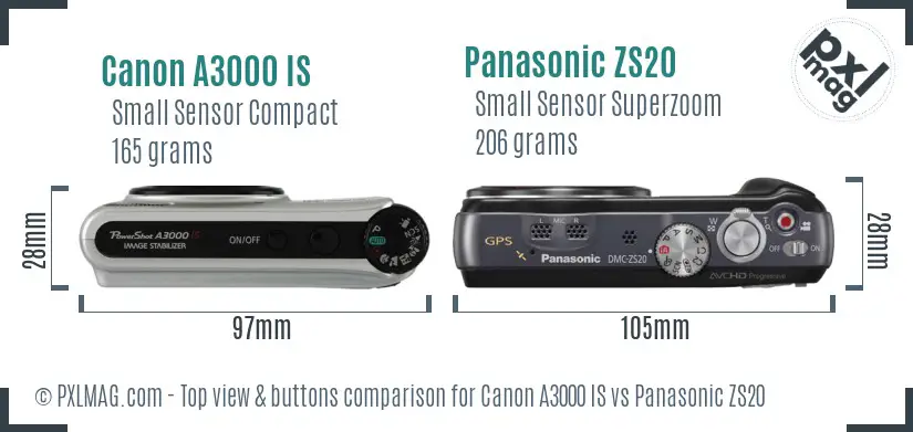 Canon A3000 IS vs Panasonic ZS20 top view buttons comparison
