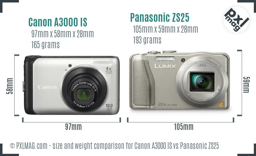 Canon A3000 IS vs Panasonic ZS25 size comparison