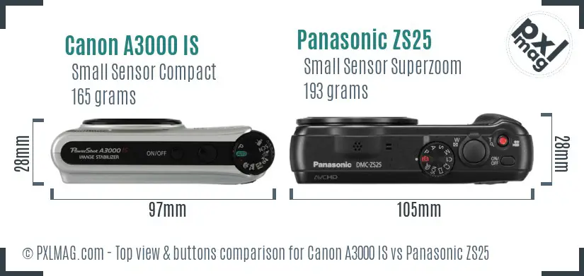 Canon A3000 IS vs Panasonic ZS25 top view buttons comparison