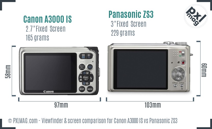 Canon A3000 IS vs Panasonic ZS3 Screen and Viewfinder comparison