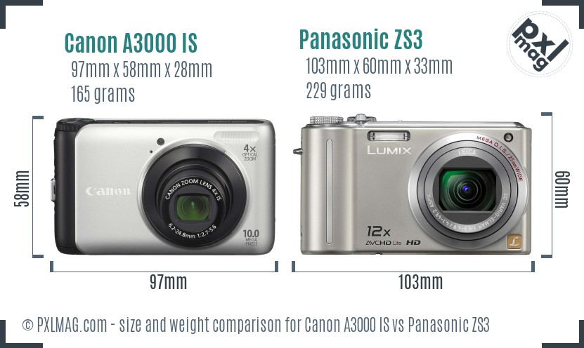Canon A3000 IS vs Panasonic ZS3 size comparison