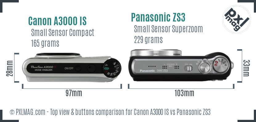 Canon A3000 IS vs Panasonic ZS3 top view buttons comparison