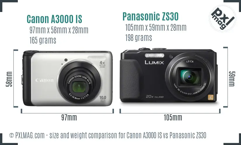 Canon A3000 IS vs Panasonic ZS30 size comparison