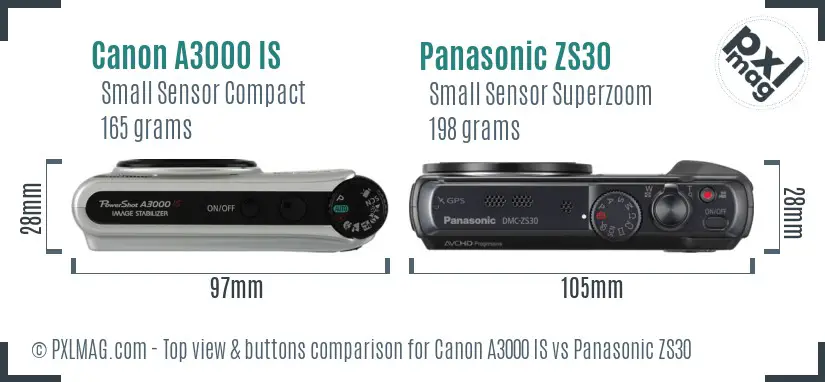 Canon A3000 IS vs Panasonic ZS30 top view buttons comparison