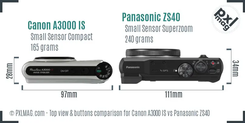 Canon A3000 IS vs Panasonic ZS40 top view buttons comparison Canon A3000 IS vs Panasonic ZS40 top view buttons comparison