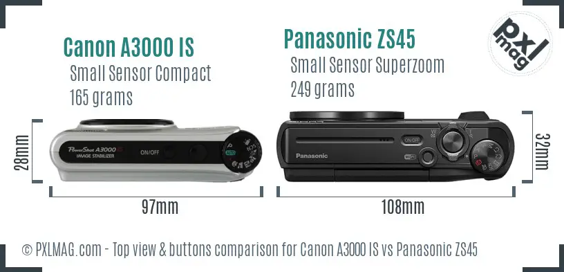 Canon A3000 IS vs Panasonic ZS45 top view buttons comparison Canon A3000 IS vs Panasonic ZS45 top view buttons comparison