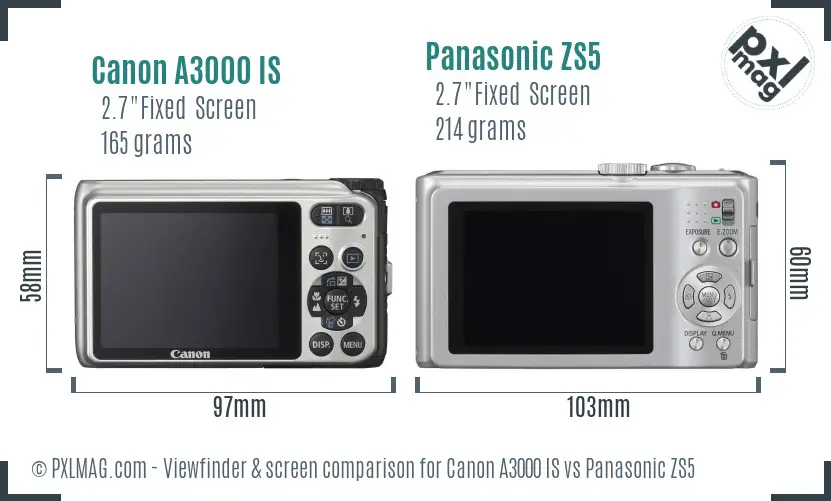 Canon A3000 IS vs Panasonic ZS5 Screen and Viewfinder comparison