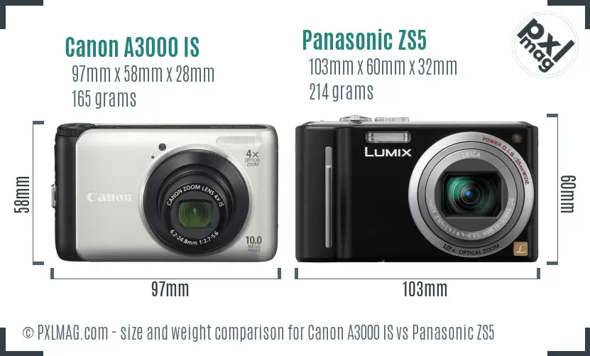 Canon A3000 IS vs Panasonic ZS5 size comparison