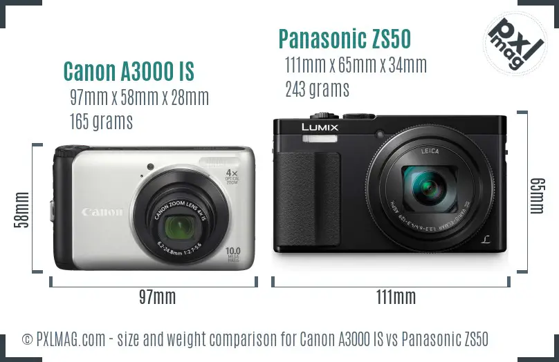 Canon A3000 IS vs Panasonic ZS50 size comparison