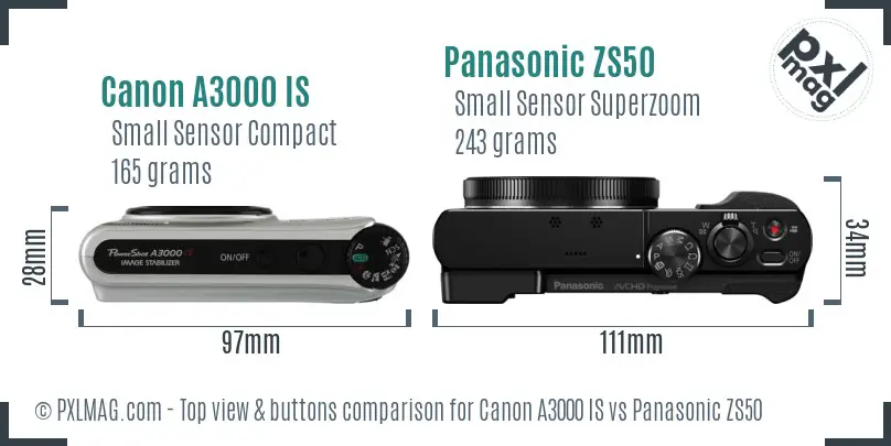 Canon A3000 IS vs Panasonic ZS50 top view buttons comparison