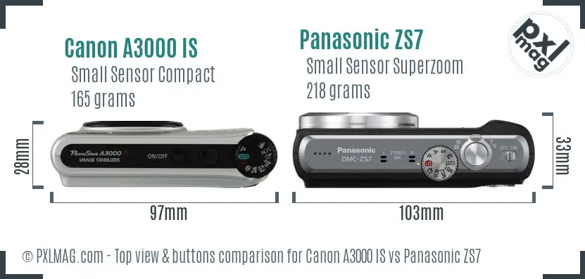 Canon A3000 IS vs Panasonic ZS7 top view buttons comparison