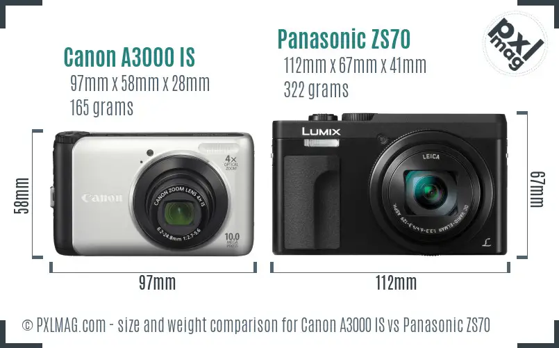 Canon A3000 IS vs Panasonic ZS70 size comparison