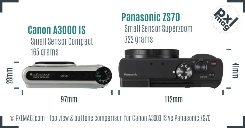 Canon A3000 IS vs Panasonic ZS70 top view buttons comparison