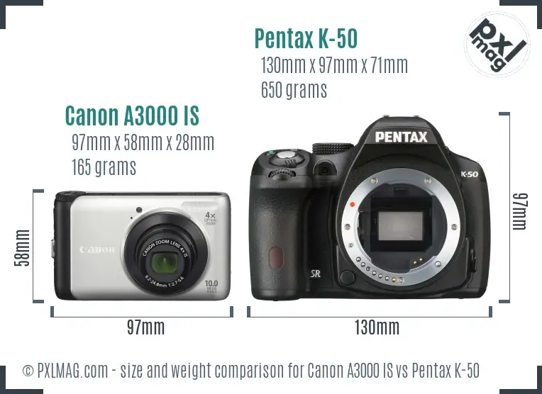 Canon A3000 IS vs Pentax K-50 size comparison