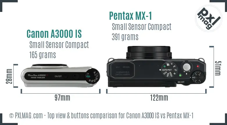 Canon A3000 IS vs Pentax MX-1 top view buttons comparison